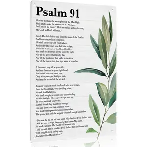 Psalm 91 Watercolor Aluminum Sign, Bible Verse Christian Wall Art, Greenery Leaf Print for Religious Home, Church & Spiritual Spaces, 12x8 Inch