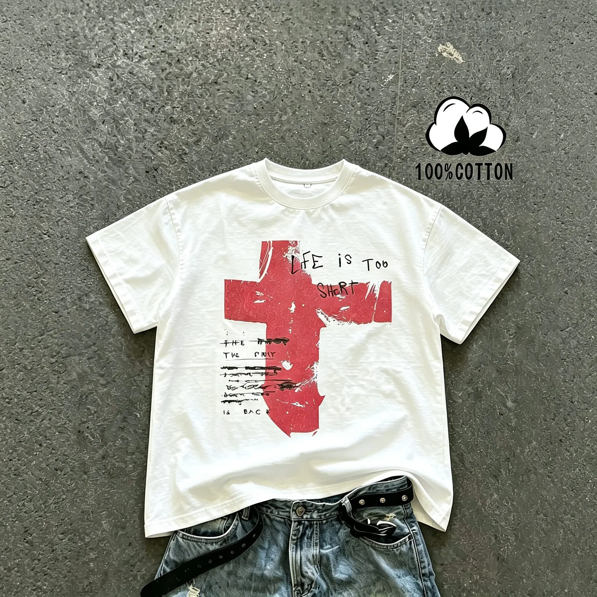 Unisex 100%25 Cotton Short Sleeve T-Shirt, Cross Graffiti Print, Y2K Dark Gothic Street Style, Casual Daily Wear, Loose-Fitting, Long Length