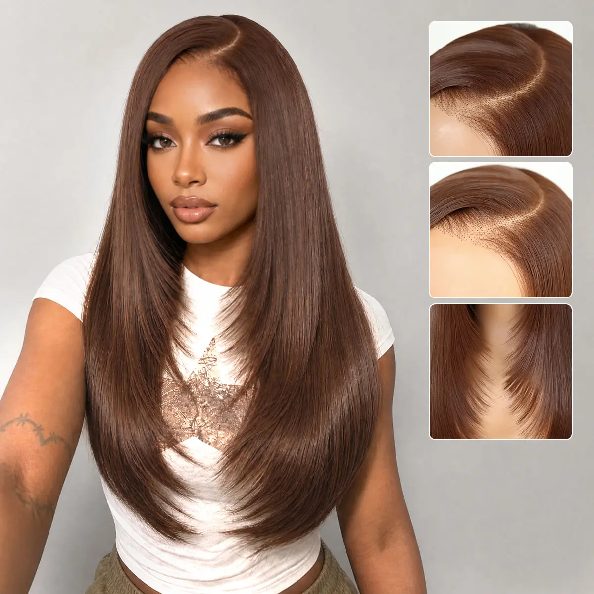 Synthetic 9x7 Glueless C-Part Layered Wig Wear and Go Lace Front Straight Wig Pre Plucked Pre Cut Natural Hairline with Tiny Knots