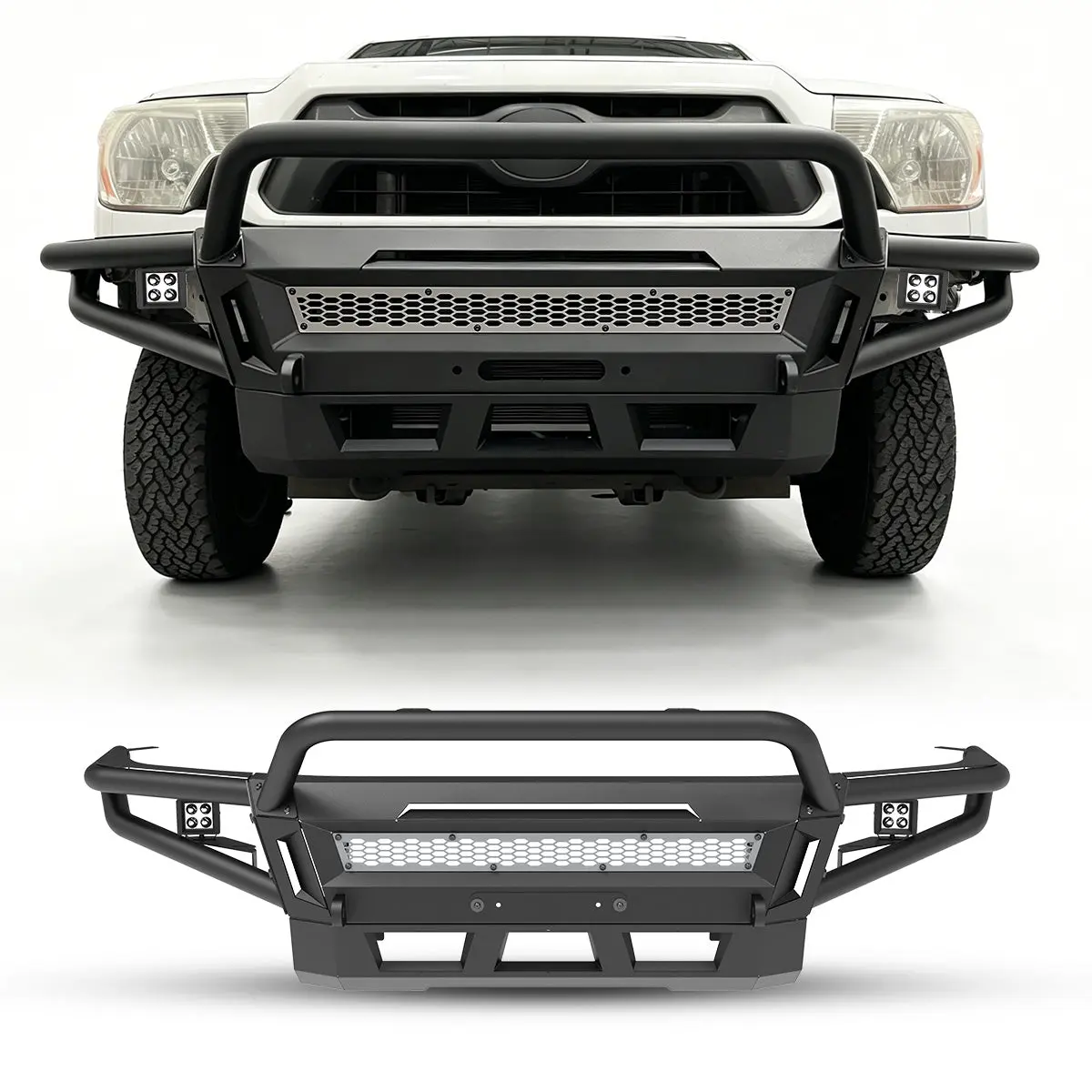 WOLFSTORM Front Bumper for 2005-2015 Toyota Tacoma - Off-Road Carbon Steel Construction, 3-Piece Modular Design with 2 x Bull Bar, Protection, All Mounting Hardware, Fits Up to 28" LED Light Bar (LED Lights Compatible)
