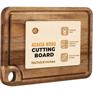 Acacia   Board (10x7x0.8 In.) - Small Mini Wooden Bar Steak and Cheese Chopping Boards for Kitchen with Juice Groove,  Rustic Carving Breadboard for Serving Lime with Handle