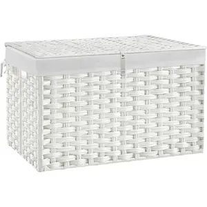 180L Wicker Storage Basket with Lid, Handwoven Rattan Large Shelf Basket with Removable Liner, .6 Gallon Wicker Basket for Blanket, Storage Trunk with Handle for Closet, Bedroom, Livingroom, White