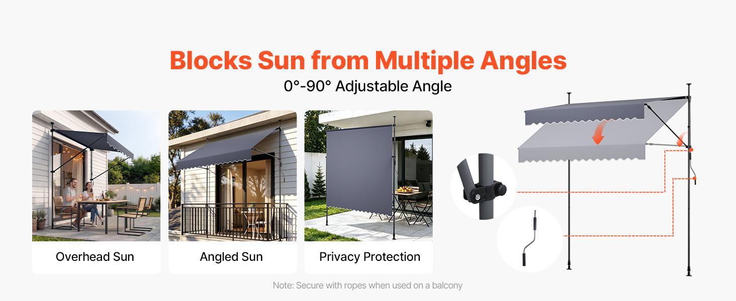 VEVOR Manual Retractable Awning, 98" Outdoor Retractable Patio Awning Sunshade Shelter, Height Adjustable Patio Door Window Canopy with Manual Crank Handle for Backyard, Garden, Balcony, Dark Gray