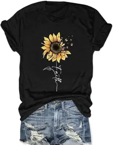 100% Cotton Sunflower Shirts for Women Faith Graphic Tees Short Sleeve Loose Fit Butterfly Teen Girls T Shirt Summer Tops