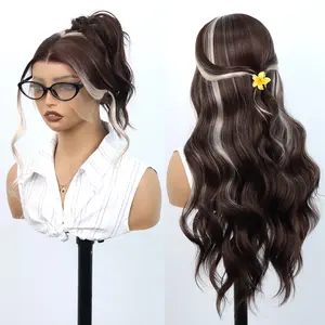 Aodbar hairs 28 Inch Skunk Stripe Lace Front Wig for Women, Long Body Wave Synthetic Wig, Dark Brown with Blonde Face Framing Highlights, Heat Resistant Fiber Natural Looking Free Part Wig