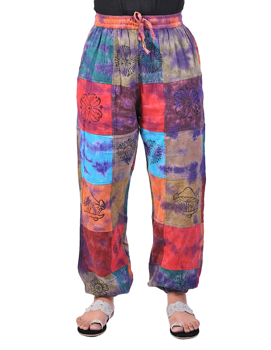 Caravan Closet Women's Bohemian Harem Joggers, Hand-Printed Colorful Patchwork Cotton Casual Pants, Casual Cotton Joggers, Retro Style, Holiday, Elastic Waist, Basic, Bottoms, Baggy, Loose, Harem Pants