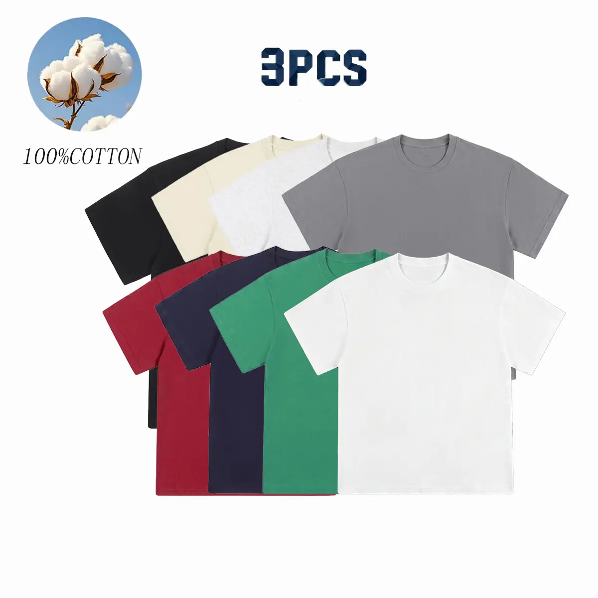 Men's and Women's  100% Pure Cotton 3-Piece Short Sleeved T-Shirt Set Soft Comfortable Round Neck Casual Summer Outfit for Daily Wear Tropical Menswear Top