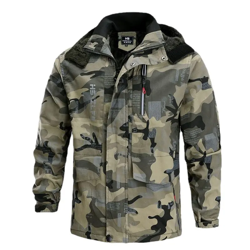 Men's Heavy-Duty Workwear Clothes Set, 2-Piece Camouflage Plush Fleece Lined Jacket & Loose Stretch Cargo Pants, Camouflage Print, Two-Pieces