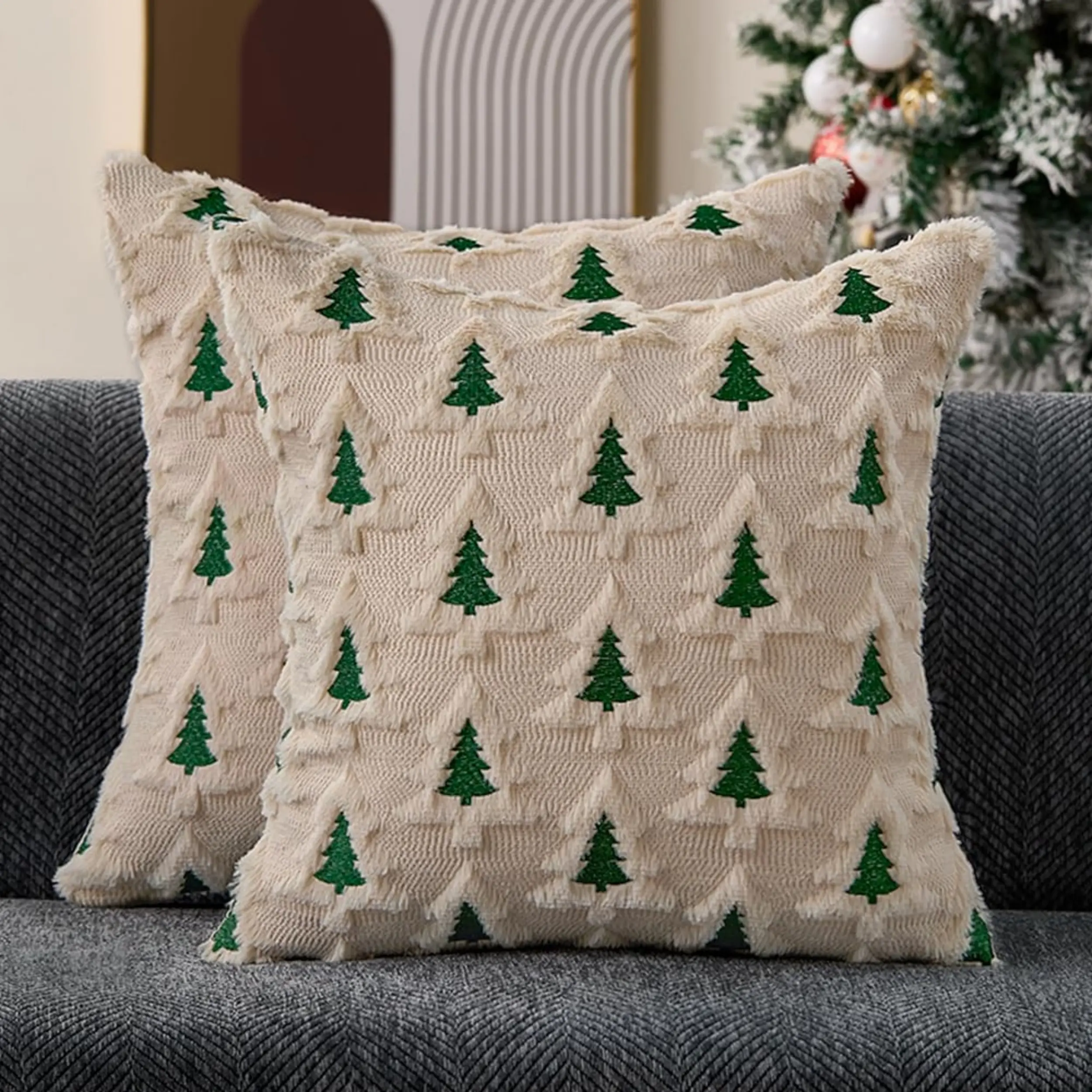 Handmade 18x18 inch Soft Plush Faux Fur Christmas Throw Pillow Covers (Set of 2), Beige Double Tree Home Supplies, 0.5 Inches Smaller Fade-Resistant Cushion Cases with Color-Matched Hidden Zipper, for Bedroom Sofa Winter Holiday Decor, Do Not Bleach, Mach