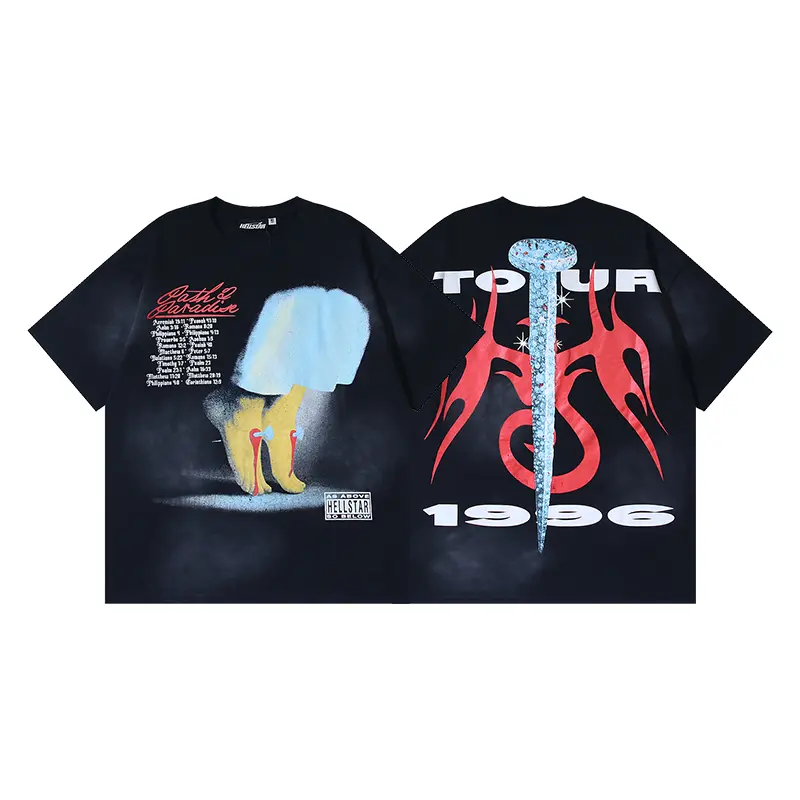 Hellstar Path to Paradise 1996 Graphic T-Shirt, Surreal High Heel Figure Front and Crystal Sword Tribal Back Print, Washed Black Heavy Cotton Oversized Tee for Men Women, Vintage Y2K Streetwear Fashion Accessories
