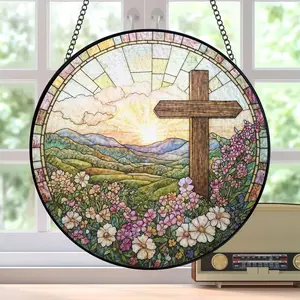 Christian Cross Wildflowers Stained Glass Suncatcher, Faith Window Hanging, Christian Home Decor, Floral Cross Sun Catcher, Religious Gift