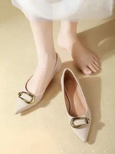 Women's Pointed Toe Low Heel Pump Nude Chunky Heels Comfortable Sprin Fall PU Leather Slip-On Dress Shoes for Party Wedding Causal Office