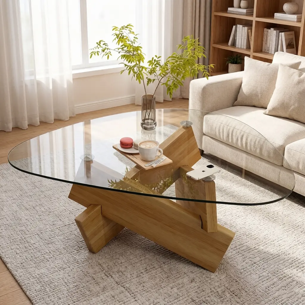 Modern Glass Coffee Table,Modern Center Table,Oval Glass Coffee Table with Geometric Walnut Wood Base, 32.3" x 23" x 12" Mid Century Modern Coffee Table, Sleek Coffee Tables, Suitable for Bedroom Living Room Reception Office Tables,Walnut