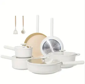 Jeetee 17pcs Ceramic Cookware Set Non-Stick Healthy Induction Kitchen Pots Pans with Removable Handles Stackable Oven Safe PFOA PFOS Free Beige