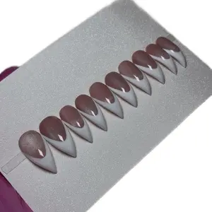 Shimmery acrylic press-on nails white French curve with Silver Cat Eye touch - Elegant Manicure for Women. * Custom Handmade Press-On Nails - Made to Order (5-7 Business Days)