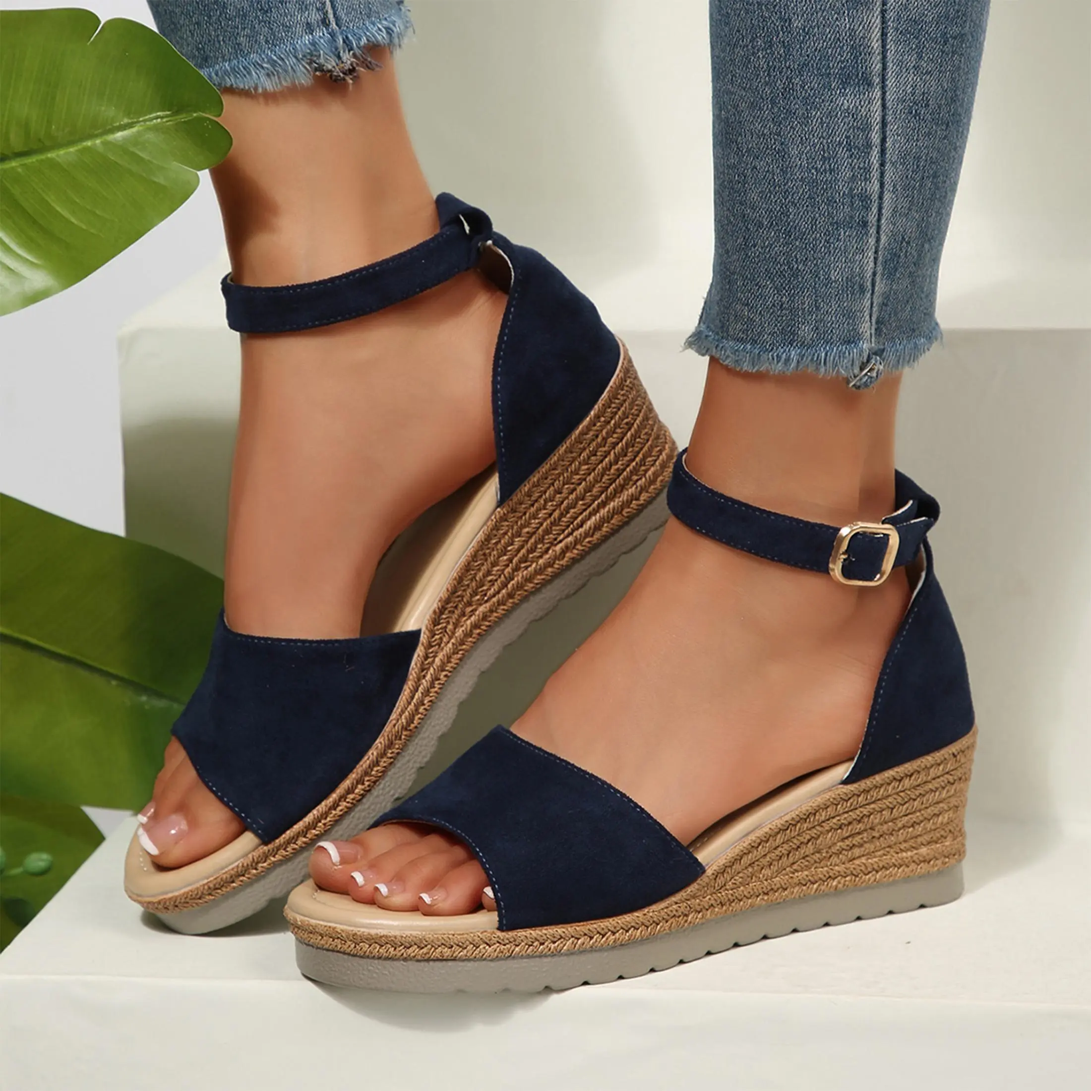 Elegant Women's Ankle Strap Wedge Sandals Suede Espadrille Platform Shoes