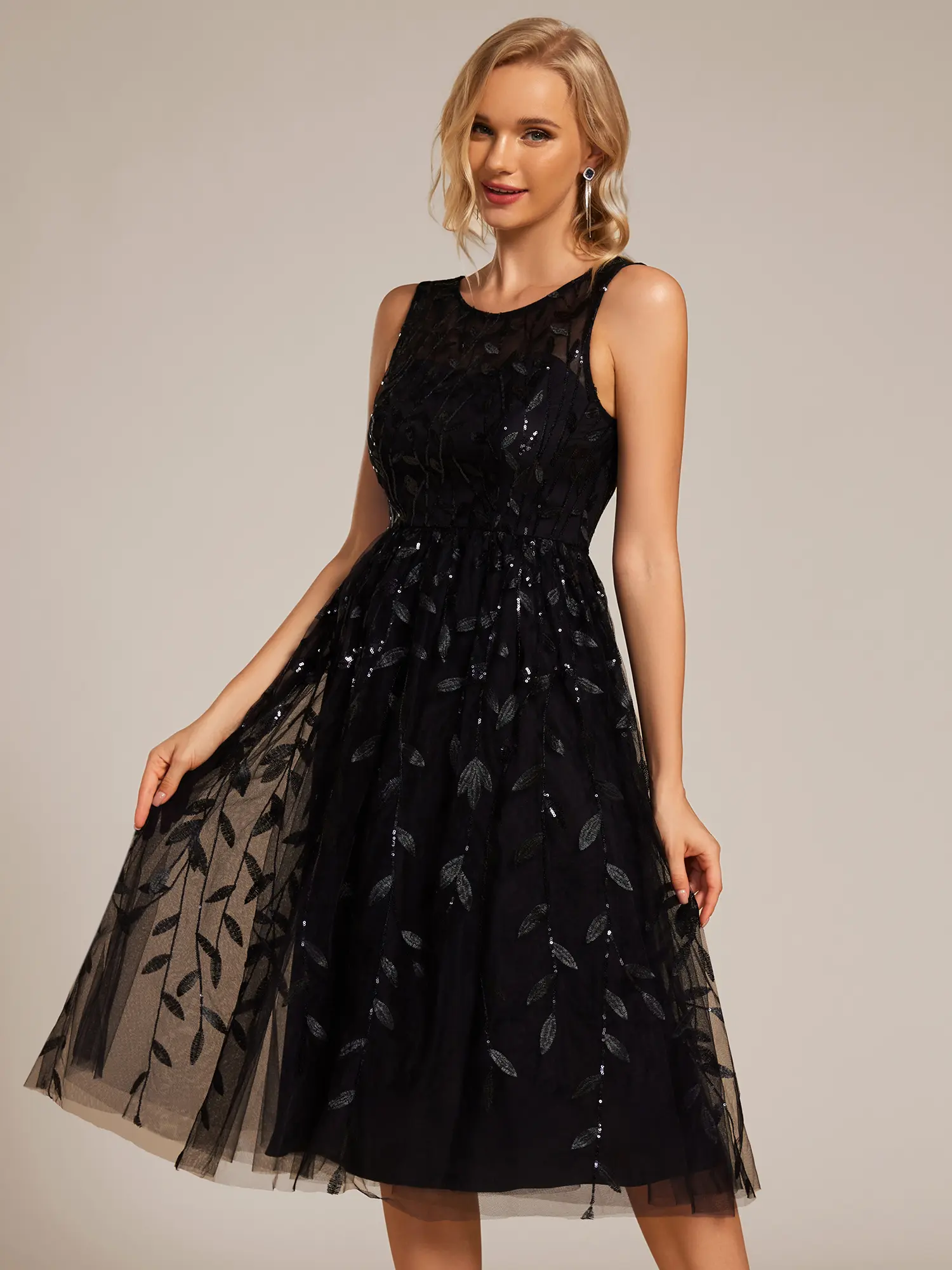 Ever-Pretty Women's Black Round Crewneck Sleeveless Sequin Midi Glitter Chic Elegant Wedding Guest Dress, All-Season Party Wear, Style 20736, Cute Elegant Wedding Dress, Wedding Guest Dresses