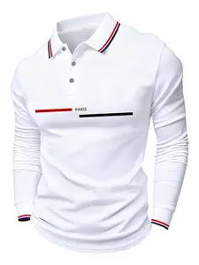 Men's Buttoned Polo Neck Long Sleeve Sweater, Paris Letter Block Print Design, Fitted Casual Collared, Casual Fitted Pullover for Spring Fall Winter