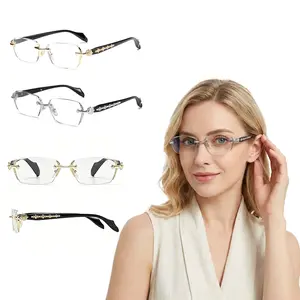 Frameless Glasses with Blue Light Blocking - HD Clear Lenses & Sparkling Diamond-Cut Edges, Fashion Metal Temples for Women Men, Computer Gaming Readers, Daily Street Style Eyewear, Non-Prescription Glasses