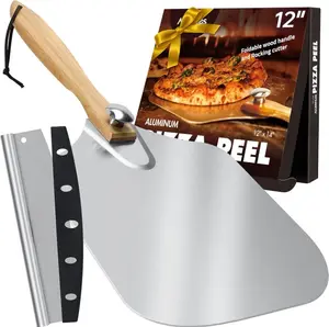 Mofaye0 Store Pizza Peel Aluminum Pizza Spatula, 12 inch Metal Pizza Paddle(12"x 14")with Rocker Cutter Foldable Wood Handle, [Storage bag included], for Family Pizza Oven Baking Pizza, Dough, Bread & Pastry