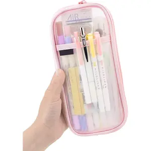 SQ-PCB038 Grid Mesh Pen Pencil Case with Zipper Clear Makeup Color Pouch Cosmetics Bag Multi-Purpose Travel School Teen Girls and Boys Transparent Stationary Bag Office Organizer Box for Adluts(Pink)