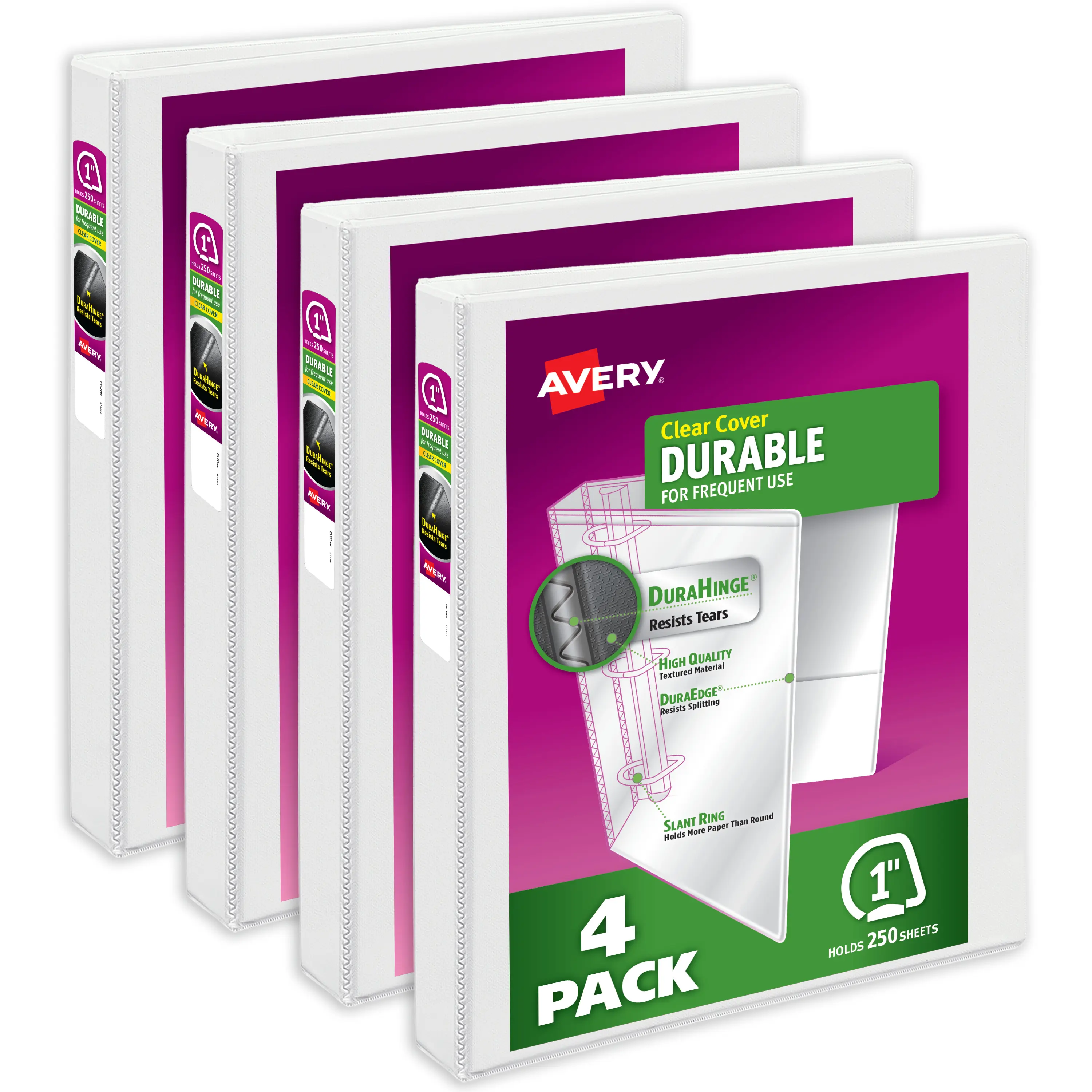Avery Durable View Document Binders, 1" Slant Rings, 4 White 3-Ring Binders (17575), Document Binder
