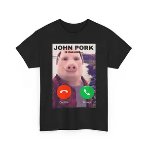 Men's Short-Sleeve Funny John Pork Answering Call Graphic T-Shirt - Casual Absurd Meme Tee, Streetwear Tropical Menswear Top for Jeans Pairing, Shortsleeve