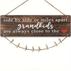 Wooden Photo Dispaly Sign, 1 Set Wooden Sign Photo Frame with Clip & Rope, Wood Grain Photo Hanging Display, Wall Hanging Ornament, Easy-hang Display for Multi-photo Wall Decor, Home Decoration