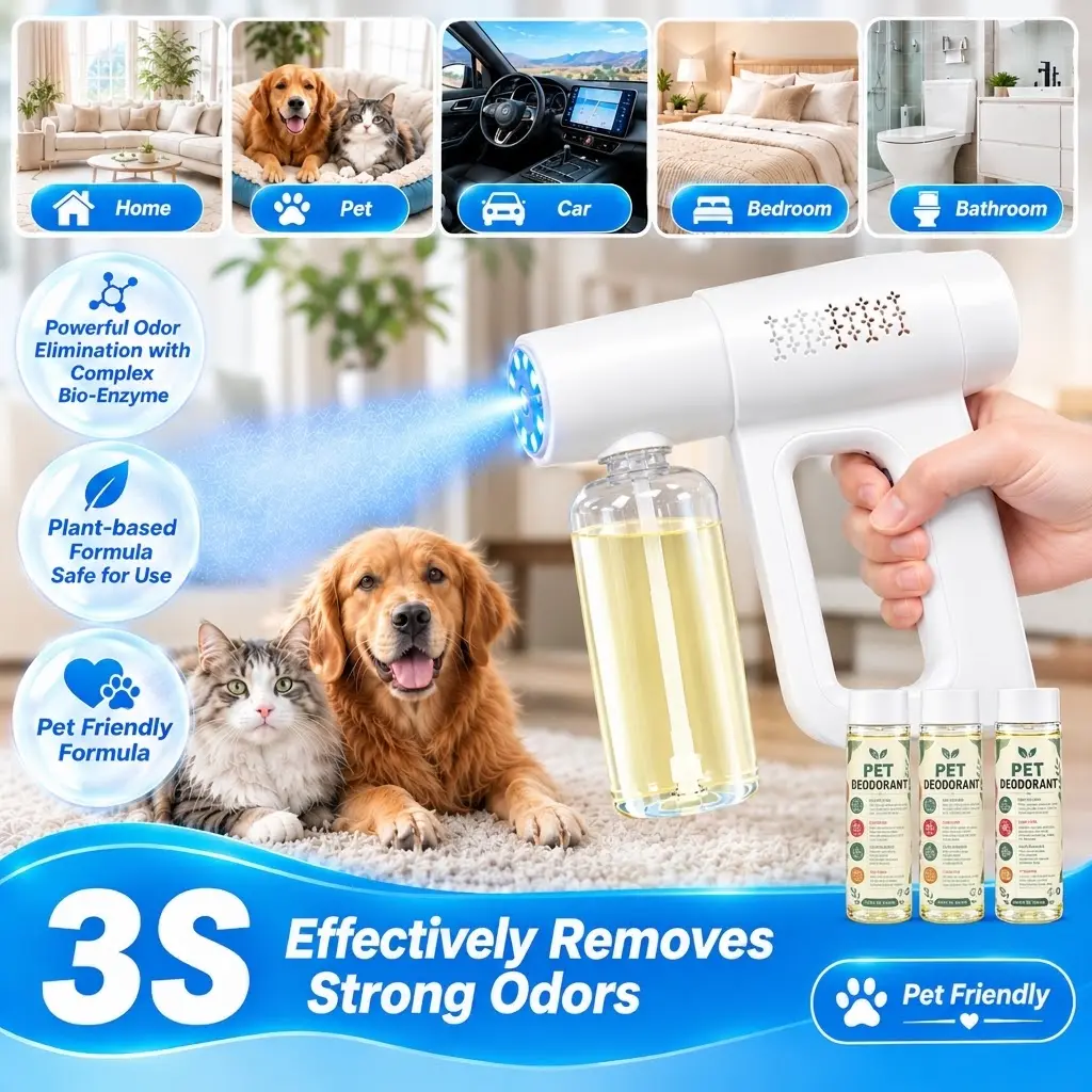 Blue Light Bio-Enzyme Atomizer Gun Kit with 3 Refills, Multi-Purpose Deodorizing Spray for Smoke & Toilet Odors, Lick-Safe Home Cleaner That Breaks Down Urine,familyfun