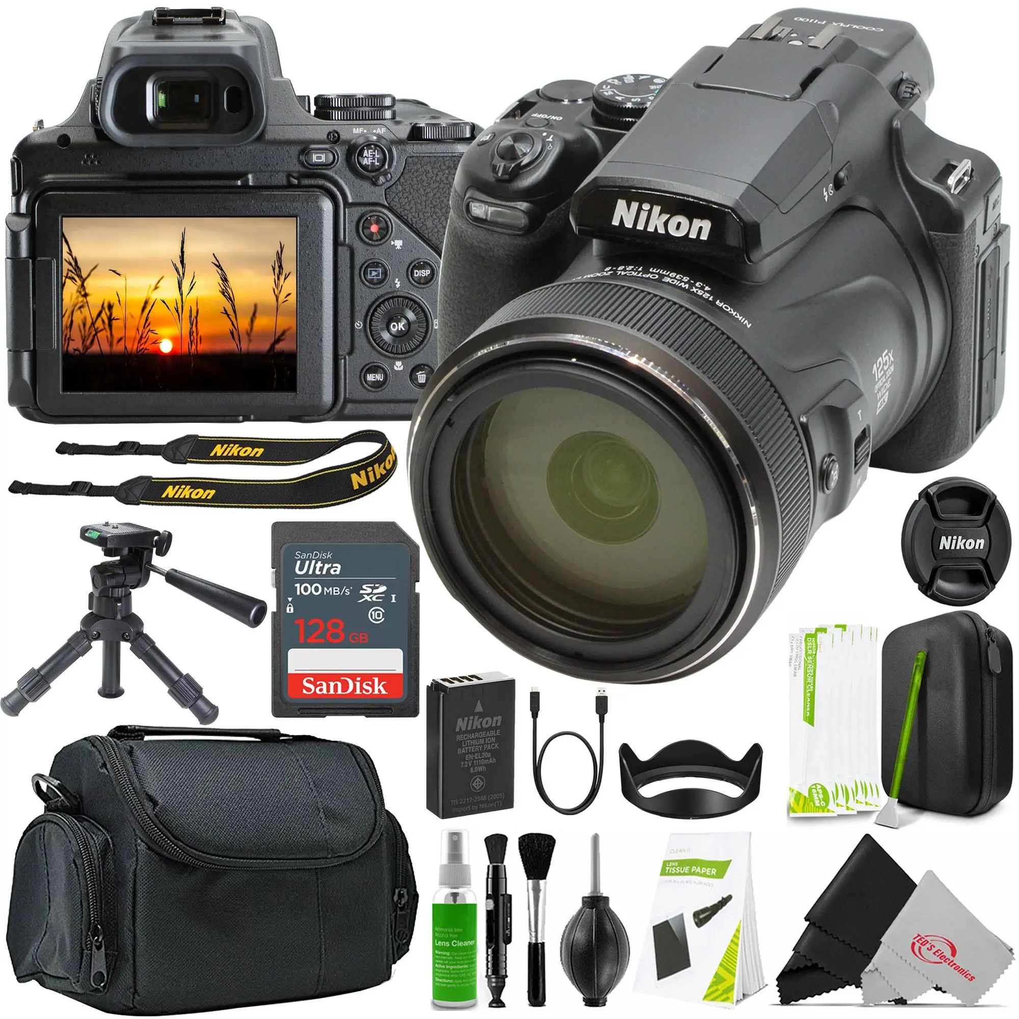 Nikon COOLPIX P1100 Compact Digital Electronic Camera (Black) with Lens & Buttons, SanDisk Ultra 128GB SDXC UHS-I Memory Card, 12" Adjustable Heavy-Duty Pro Table Tripod (3-Way Pan Head, Bubble Level, 10lb Load), Medium Case, Cleaning Kit