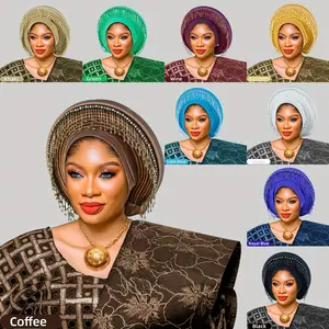 Lady's Elegant African Headscarf Cap, Layered Chain Turbine Cap, New Nigerian Headwear Chemotherapy Cap, 100% Polyester Fiber, Suitable for All Seasons, Applicable for Ramadan, Weddings And Formal Occasions, Machine Washable