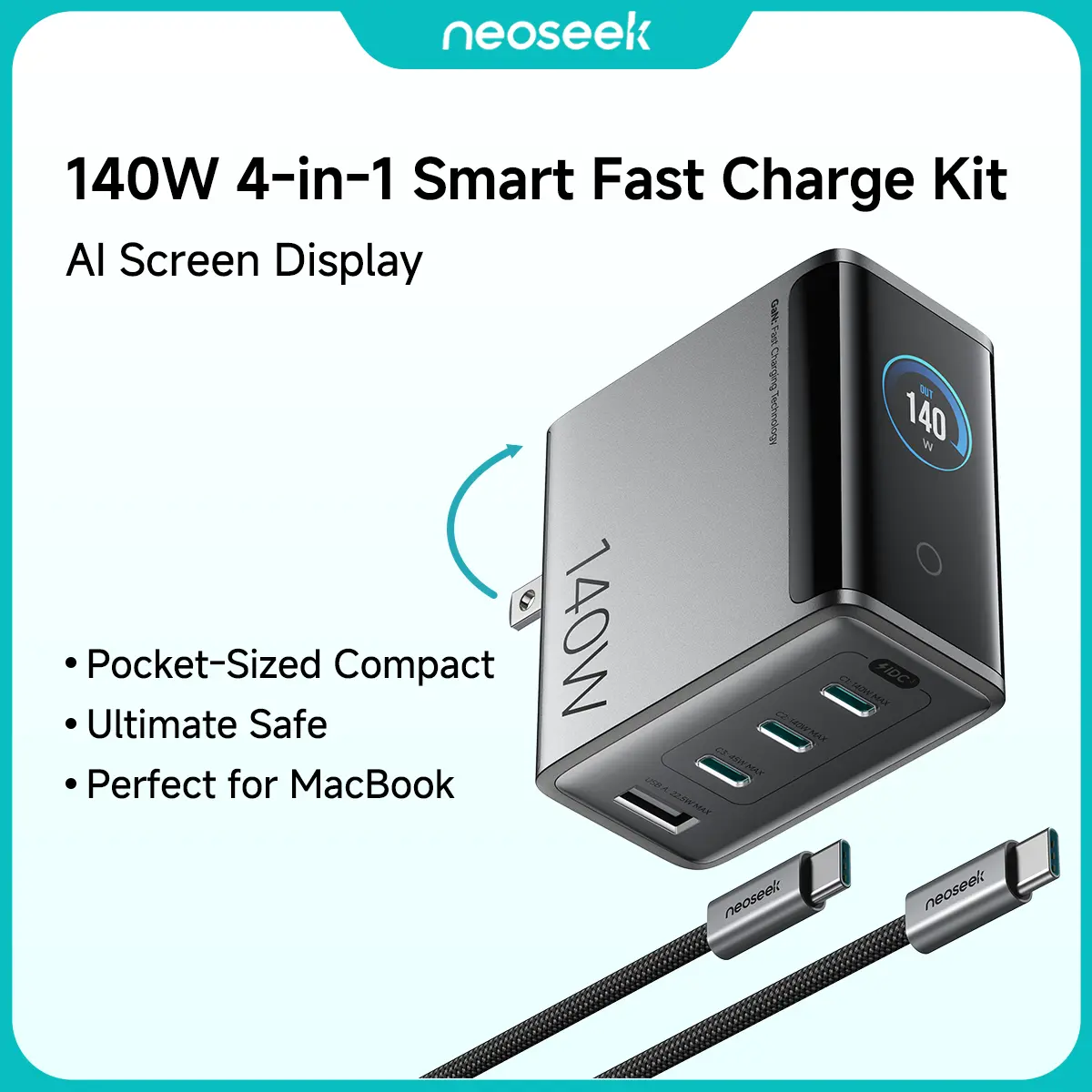 【AI Smart Guard】Neosseek 140W 4-Port  PD 3.1 Ultra Compact Laptop Charger Set, GaN Tech Fast Charging  Foldable Plug Wall Charger, Compatible with MacBook Pro 16, iPhone 17/16 Series, Samsung Galaxy S25/S24 Ultra, Pixel