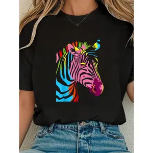 Colorful Zebra Head Print T-Shirt, Biologist, Zookeeper, Zoologist, Casual, Round Neck, Short Sleeve, Comfortable, Spring Summer T-Shirt for Women.