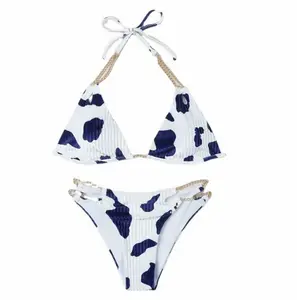 Women Two Piece Hot C lassic Lace up Front Cow Print Bikini Set Adjustable Bathing Suit Halter String Triangle Swimsuits Rave Festivals