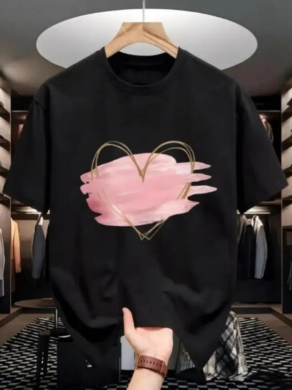 Pink Heart Tee - Watercolor Love Graphic Shirt, Gold Line Art Top, Romantic Casual Valentine's Day Outfit,Unisex - Personalized Short-Sleeved T-Shirt - Casual Style - Soft and Comfortable.