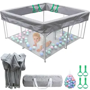 【Mother's Day Gift】Foldable Baby Playpen 50x50 Inch Portable Play Yard for Babies & Toddlers Safety Fence Play Area with 50 Balls 4 Pull Rings & Carry Bag Indoor Outdoor Baby Activity Center Black