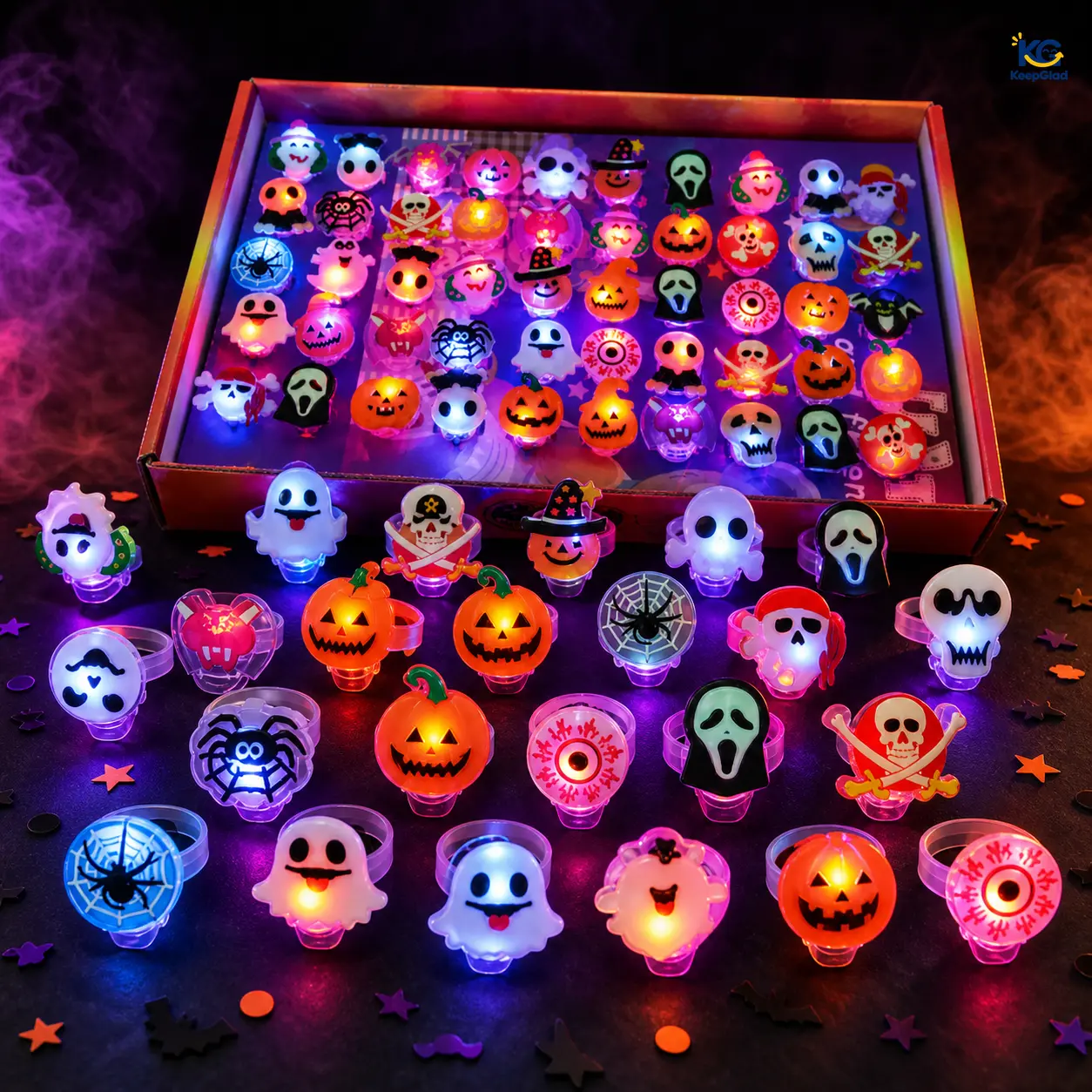 keepglad 50PCS Colorful 3D Flashing LED Light-Up Rings Set - Small LED Lights Party Supplies for Halloween, Goodie Bags Fillers & Children's Prize Gifts
