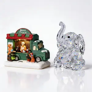 Easter Decor Bundle Crystal Elephant Figurine & Red Green Dining Car Ornaments Elegant Spring Holiday Home Decor