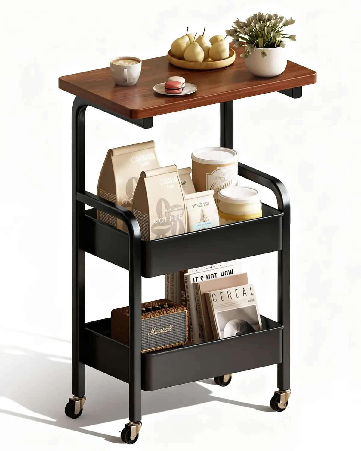 3 Tier Rolling Cart Metal, Narrow End Table with Storage, Side Table with Wheels for Couch, Bedroom, Living Room, Study, Dining Room, Office, Easy assembly, Multifunctional storage organizer