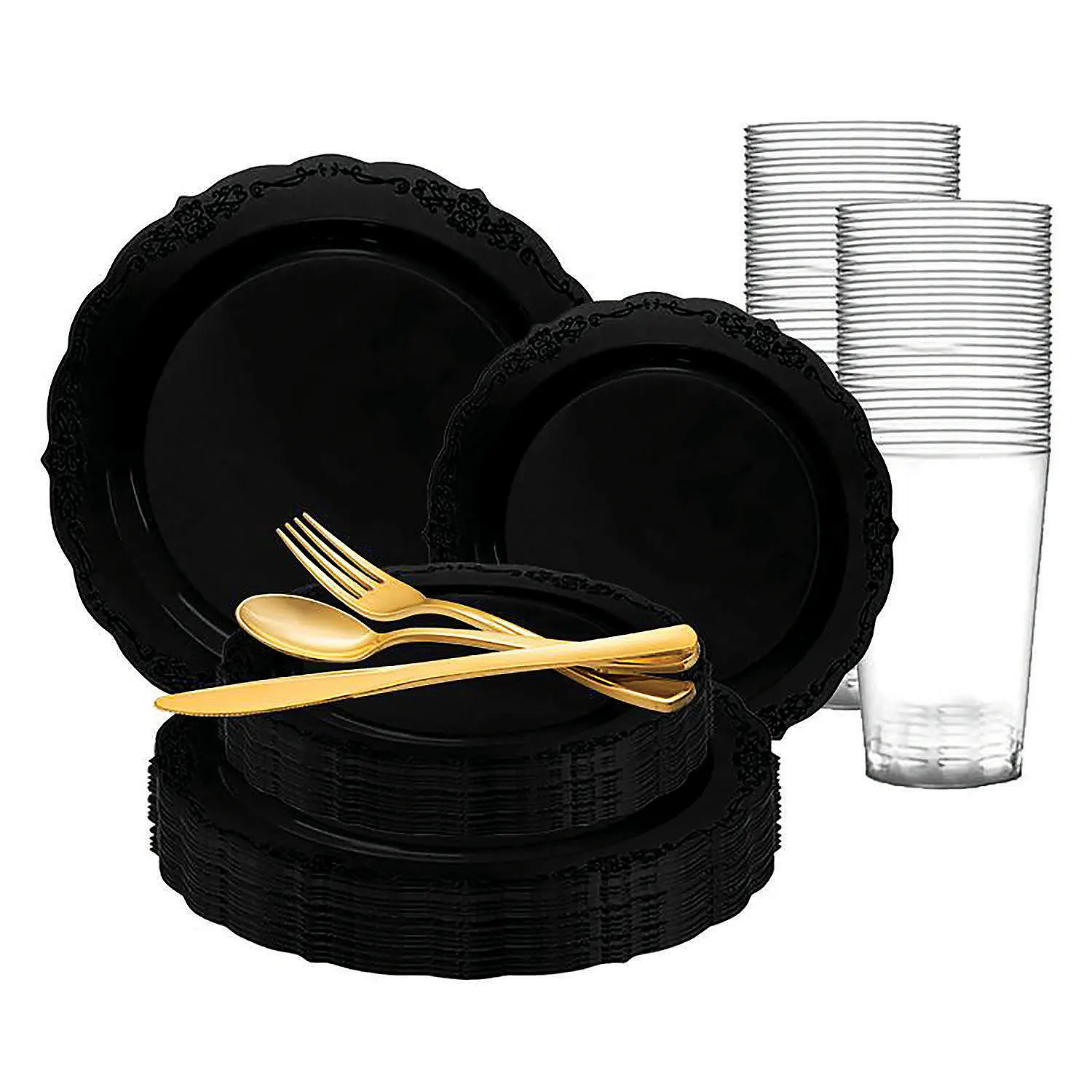 120-Setting Black Vintage Gold Rim Polystyrene Disposable Plastic Dinnerware Value Set - Disposable Cups (3" Top, Cup Approx. Bottom Diameter: 2"), 7.5" Inner/10" Outer Dinner Plates, Forks, Spoons for Party & Anniversary Supplies