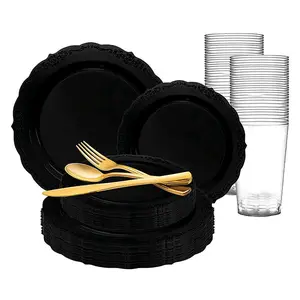 Black Vintage Rim Round Disposable Plastic Dinnerware Value Set (120 Settings)