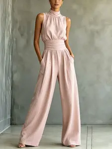 Women's Elegant Sleeveless Wide Leg Jumpsuit, Women's Simple Solid Jumpsuit with Half-High-Neck, Casual Jumpsuit with Cinched Waist for Slimming Effect, One Piece Overalls Womenswear With Pockets, Vacation Outfits