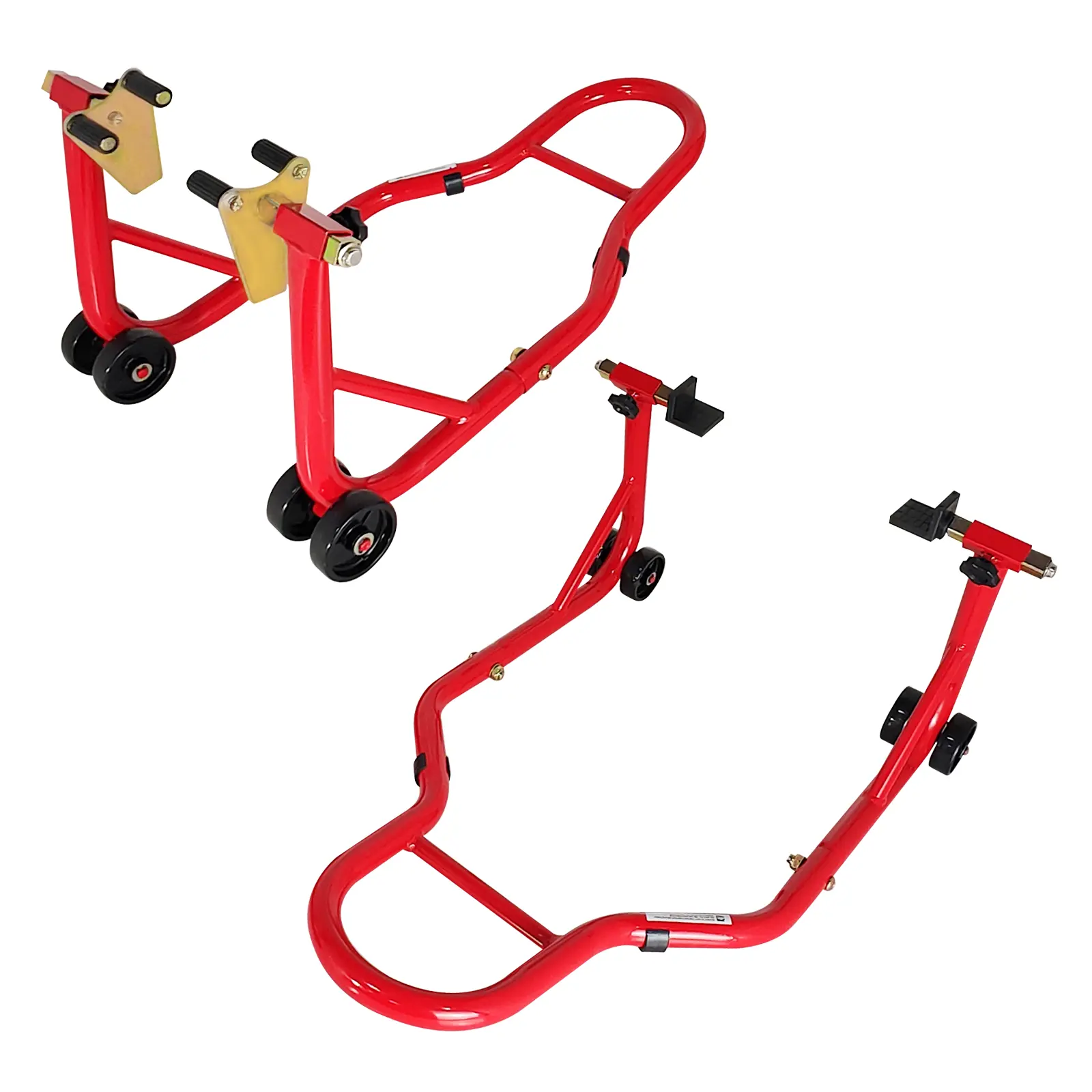Heavy-Duty 900 LBS Motorcycle Stand Combo Universal Adjustable Front & Rear Paddock Lift with U & L Spool Adapters for Bike Maintenance Cleaning in Red & Yellow