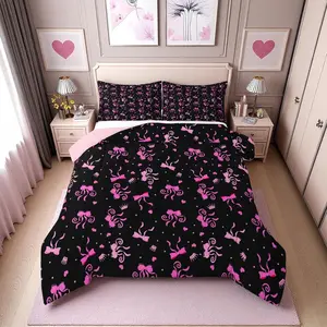 Pink Ribbon Bow Bedding Set for Girls | Pink and Black Bow Tie Comforter Set for Kids,Cute Princess Bowtie Quilt,Coquette Bows Bedroom Decor