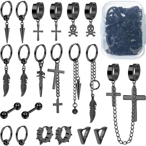 Sanfenly 21-Piece Unisex Black Stainless Steel Ear Stacking Earrings Set - Anti-Rust Coating, Barbell + Hoop Set, Christian Charm, Feather Accents, Edgy Grunge Drops, Casual Kpop Daily Costume Jewelry