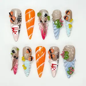 Cute Sushi Press On Nails | 3D Japanese Food Nail Art | Kawaii Salmon & Sushi Roll Nails | Handmade Foodie Press Ons | Fun Design