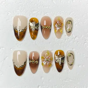 [Amber Wings] Short Almond Handmade Press on Nails, Fake Nails with Nail tool kit with Jelly Stickers, Reusable, Durable