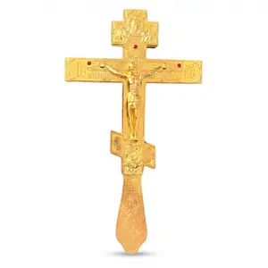 Orthodox Blessing Cross Gold Plated Handheld Crucifix with Red Rhinestones, Double-Sided Engraved Metal Cross for Religious Decorations, Priest Liturgical Rituals and Church Altar Decoration
