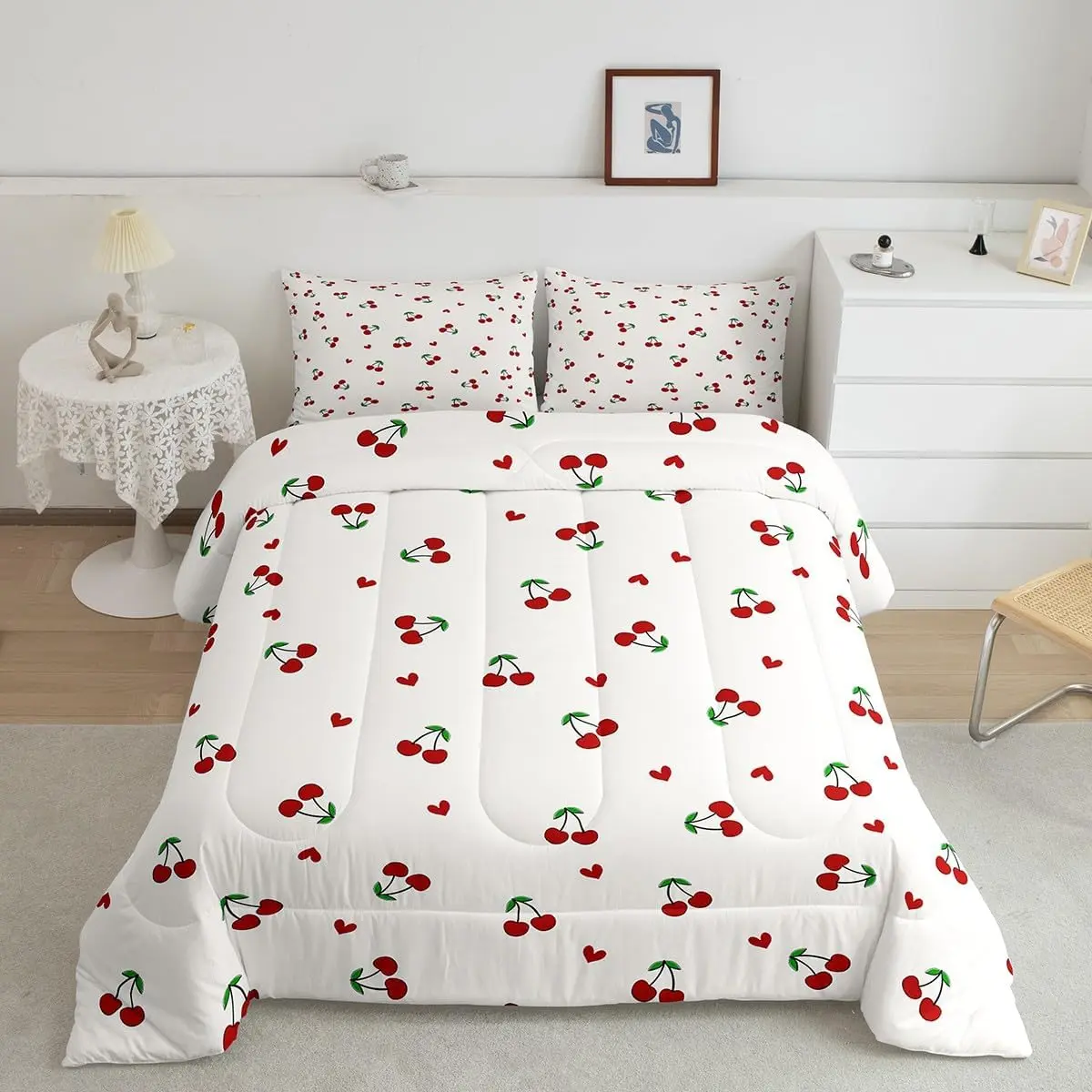 Feelyou Red Cherry Luxury Decorative Bedding Set - Designer Cherry Pattern Bed Comforter, Cute Fruit Super Soft Duvet, Kawaii Cartoon Room Decor Bed Linen, Bed Comforter Set