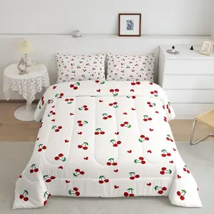 Red Cherry Luxury Bedding Set,Cherry Pattern Designer Comforter Set,Cute Fruit Comforter,Kawaii Cartoon Fruit Super Soft Duvet Set,Room Decor Bed Set